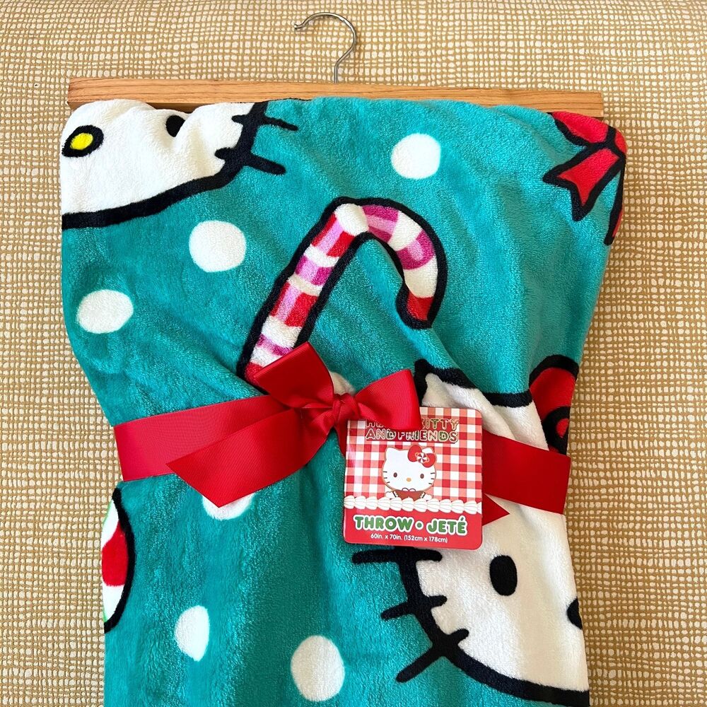 Hello Kitty Christmas Throw Blanket, Teal Plush Blanket 60 x 70 inches, NWT